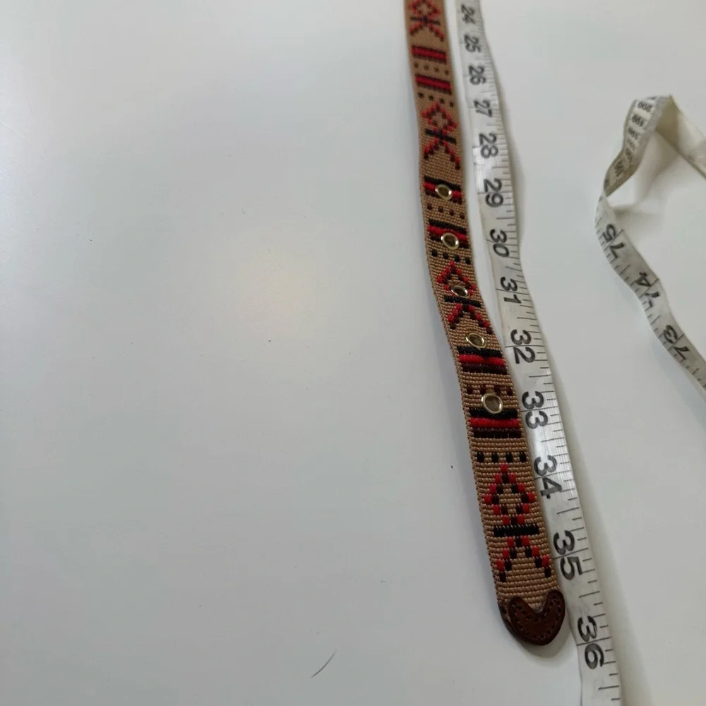 J CREW woven tapestry leather belt, Tan, Black, Red Southwestern Style size XS